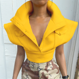 Yellow Sexy Solid Patchwork Turndown Collar Tops