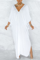 Witte casual effen patchwork rechte jurken met split en V-hals