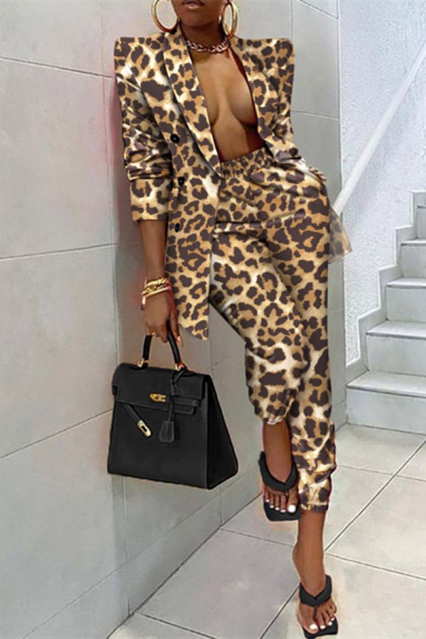 Calças de cardigan com estampa de leopardo moda casual estampada gola manga longa duas peças