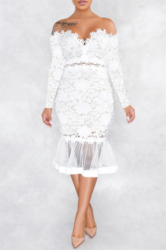 Witte sexy patchwork geborduurde rugloze off-shoulder jurken met lange mouwen