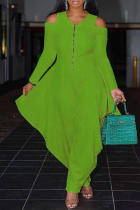 Green Casual Solid Split Joint V Neck Loose Jumpsuits