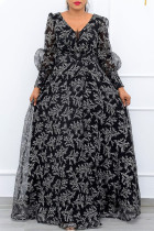 Schwarzes, elegantes Print-Patchwork mit Gürtel, Mesh-Kleid mit V-Ausschnitt und langen Ärmeln