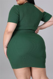 Vestido verde Sexy Casual Plus Size Sólido Oco Fenda O Decote Manga Curta