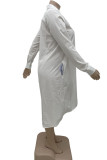 Белые повседневные однотонные асимметричные рубашки с воротником-трапецией и платьями больших размеров (без пояса)