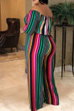 Green Casual Striped Print Patchwork Off the Shoulder Plus Size Jumpsuits