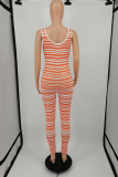 Fluorescent Green Sexy Striped Patchwork V Neck Skinny Jumpsuits