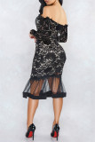 ブラック セクシー パッチワーク 刺繍 バックレス オフショルダー ロングスリーブ ドレス