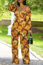 Yellow Sexy Print Patchwork V Neck Boot Cut Jumpsuits without belt