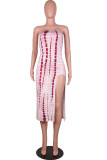 Roze sexy strapless rechte jurken met print en split
