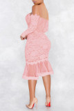ピンク セクシー パッチワーク 刺繍 バックレス オフショルダー ロングスリーブ ドレス