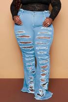 Baby Blue Casual Solid Ripped Plus Size Jeans