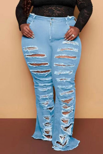 Babyblå Casual Solid Ripped Plus Size Jeans