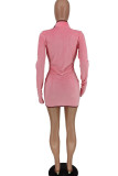 Roze casual effen patchwork ritskraag A-lijn jurken