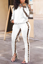 Bianco Casual Stampa Leopardo Patchwork Cerniera Cerniera Colletto Manica lunga Due pezzi