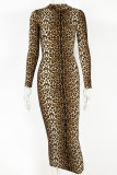 Estampado de leopardo Estampado sexy Patchwork Cuello en O Vestidos de falda de un paso