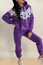 Púrpura casual estampado patchwork cuello con capucha manga larga dos piezas