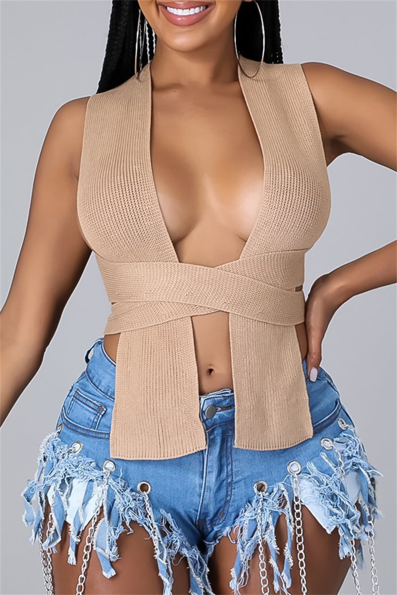 

Khaki Fashion Sexy Solid Bandage Square Collar Tops