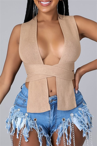 Khaki Fashion Sexy Solid Bandage Square Collar Tops