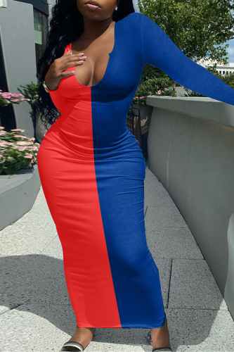 Blue Sexy Solid Patchwork V Neck Pencil Skirt Dresses