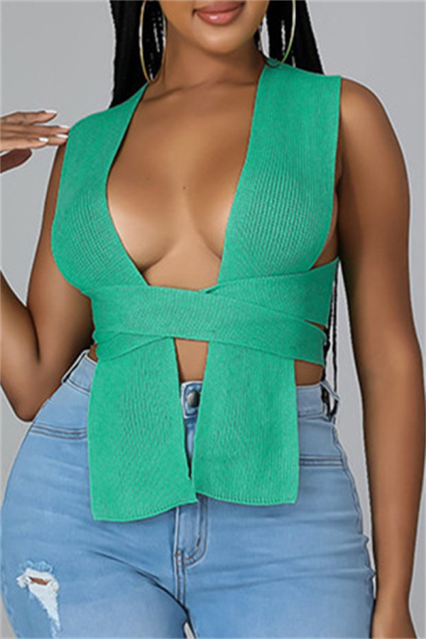 Tops de cuello cuadrado de vendaje sólido sexy de moda verde