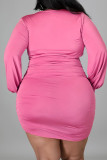 Roze sexy effen patchwork volant vouw V-hals lange mouw grote maten jurken