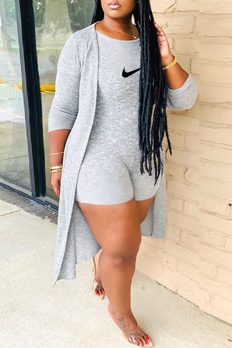 

Grey Fashion Casual Solid Embroidered O Neck Plus Size Two Pieces