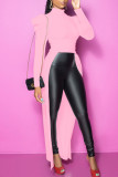 Pink Casual Street Solid Patchwork Fold Asymmetrical Half A Turtleneck Tops