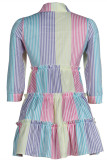 Pink Yellow Fashion Casual Striped Print Patchwork Turndown Collar Long Sleeve Shirt Dresses