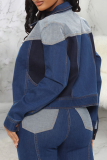 Blue Casual Solid Patchwork Turndown Collar Long Sleeve Regular Cropped Denim Jacket