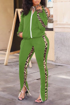 Groene casual print luipaard patchwork rits rits kraag lange mouw tweedelig