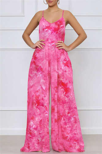 Red Sexy Casual Print Backless Spaghetti Strap Regular Jumpsuits