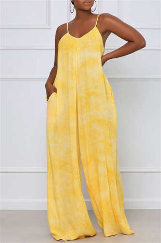 Yellow Sexy Casual Print Backless Spaghetti Strap Regular Jumpsuits