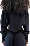 Black Street Solid Patchwork Asymmetrisk Dragkedja Hooded Collar Tops