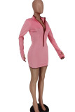 Pink Casual Solid Patchwork Zipper Collar A Line Dresses
