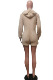 Khaki Casual Solid Patchwork Zipper Hooded Collar Straight Rompers