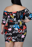 Zwarte straatprint patchwork rits off-shoulder bedrukte jurkjurken