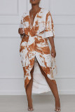 Paarse elegante print tie-dye patchwork vouw asymmetrische rechte jurken met V-hals