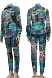 Turquoise British Style Print Patchwork Buckle Turndown Collar Three Quarter Two Pieces