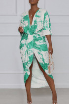 Green Elegant Print Tie Dye Patchwork Fold Asymmetrical V Neck Straight Dresses