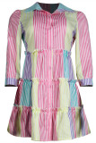 Pink Yellow Fashion Casual Striped Print Patchwork Turndown Collar Long Sleeve Shirt Dresses