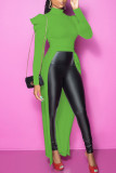 Green Casual Street Solid Patchwork Fold Asymmetrical Half A Turtleneck Tops
