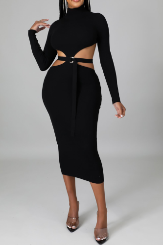 Black Sexy Solid Hollowed Out Half A Turtleneck Pencil Skirt Dresses