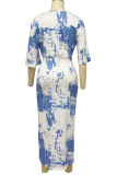 Lichtblauwe elegante print tie-dye patchwork vouw asymmetrische rechte jurken met V-hals