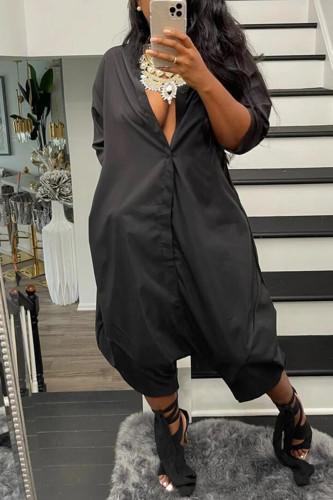Black Fashion Casual Solid Patchwork V Neck Loose Jumpsuits