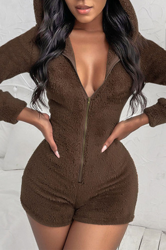 Coffee Casual Solid Patchwork Zipper Hooded Collar Straight Rompers