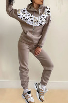 Dark Khaki Casual Print Patchwork Hooded Collar Long Sleeve Two Pieces