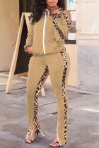Kaki stampa casual leopardo patchwork cerniera colletto con cerniera manica lunga due pezzi