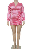 ピンクのセクシーな固体パッチワーク フラウンス折り V ネック長袖プラス サイズ ドレス