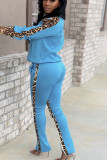 Babyblau Lässiger Druck Leopard Patchwork Reißverschluss Reißverschlusskragen Langarm Zweiteiler