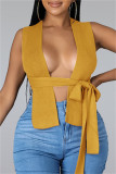 Tops de cuello cuadrado de vendaje sólido sexy de moda amarilla